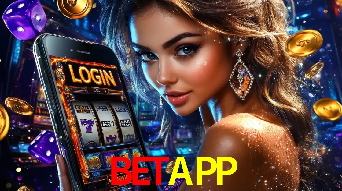 Mulher glamorosa segurando um smartphone com a tela de login para os jogos de caça-níqueis do cassino online BETAPP, com moedas de ouro e dados ao redor.