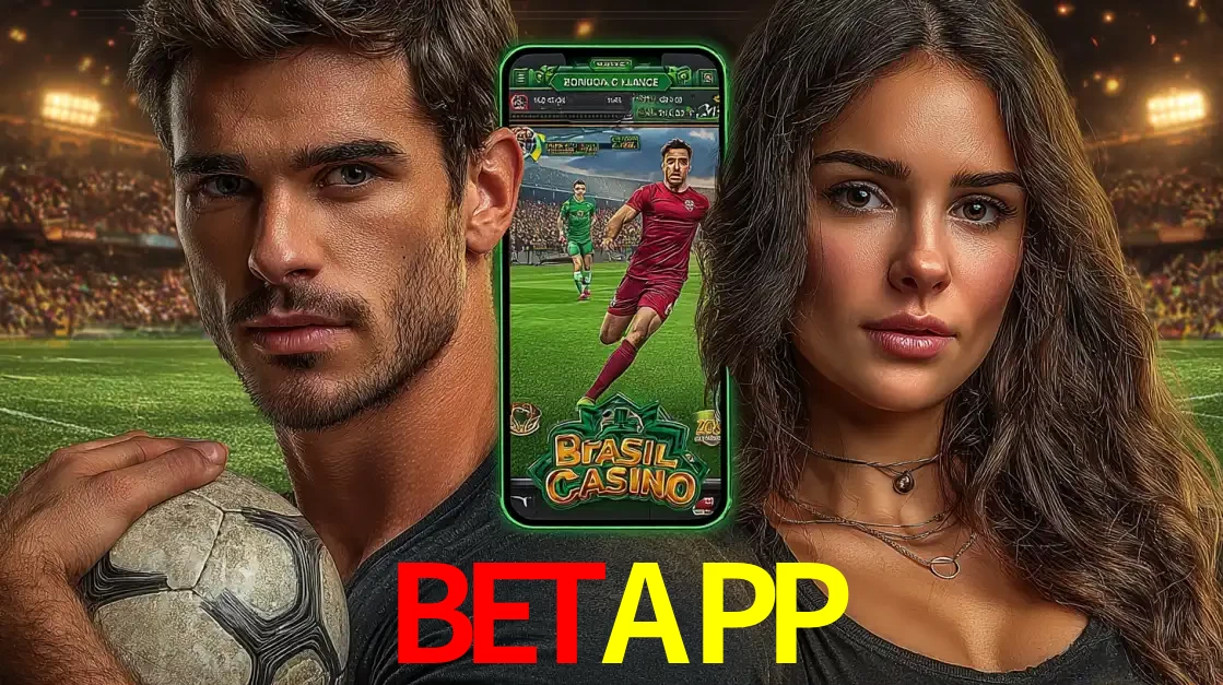 Homem segurando uma bola de futebol e uma mulher ao lado de um smartphone exibindo o jogo de apostas esportivas da BETAPP. Faça seu palpite no cassino online.